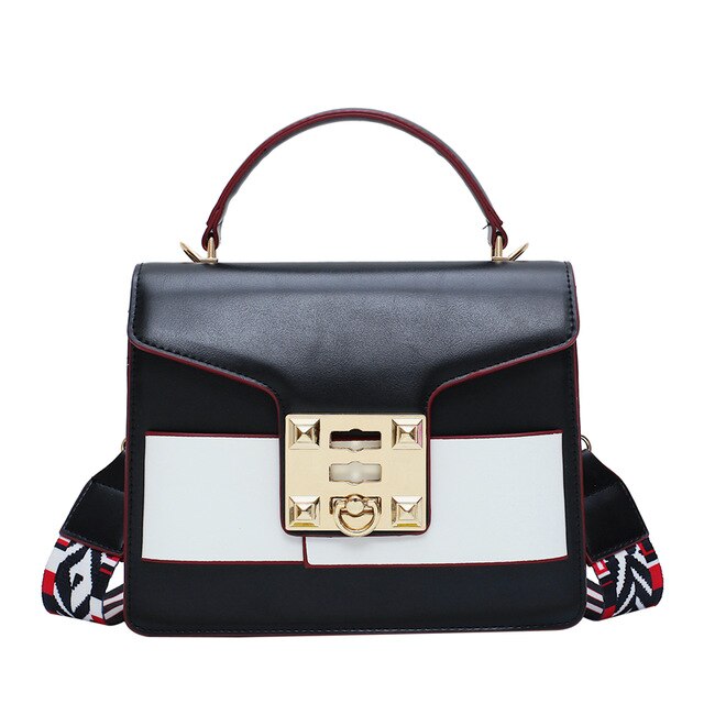 CHIC WHITE DETAILED BLACK LEATHER HANDBAG