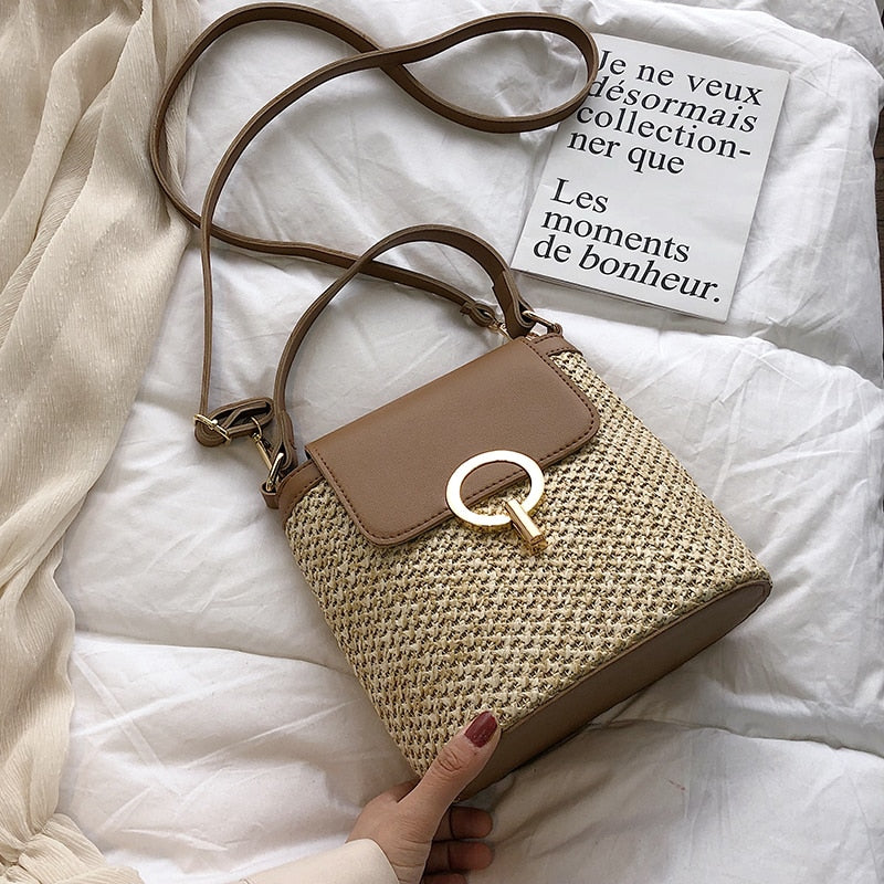 BROWN LEATHER DETAILED SMALL STRAW BAG