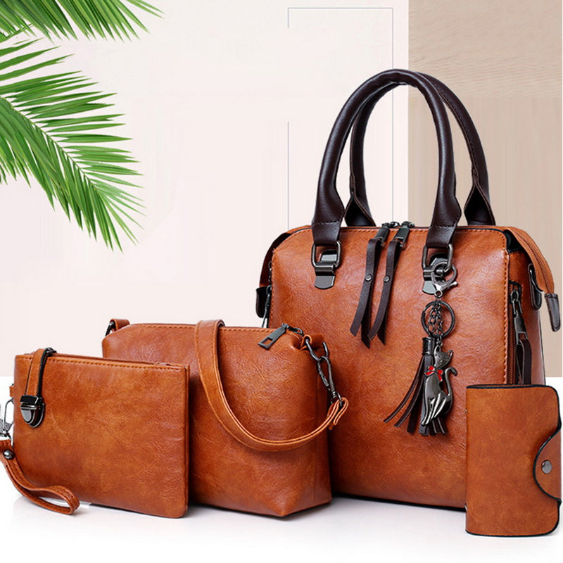 4PCS BLACK LEATHER HANDLE DETAILED BAG SET