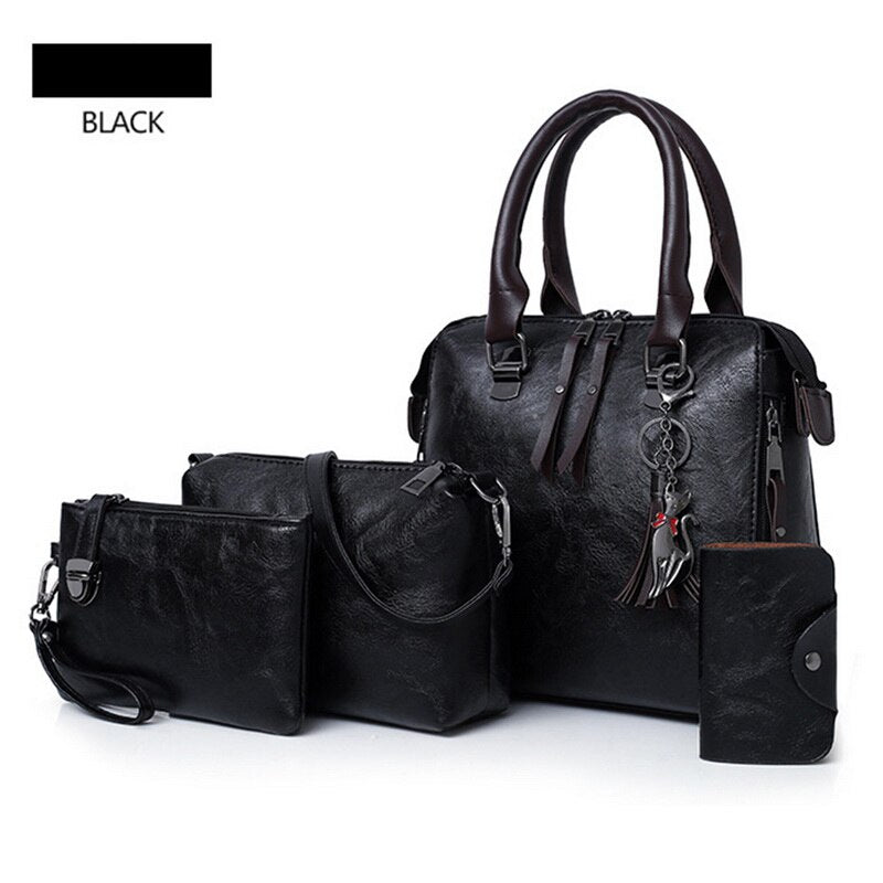 4PCS BLACK LEATHER HANDLE DETAILED BAG SET