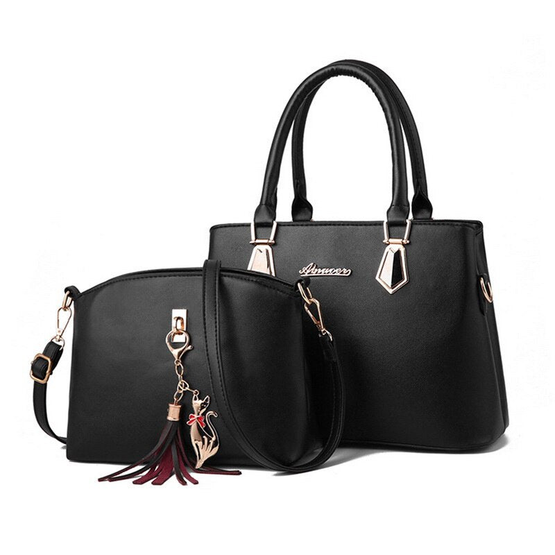 4PCS BLACK LEATHER HANDLE DETAILED BAG SET