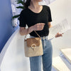 BROWN LEATHER DETAILED SMALL STRAW BAG