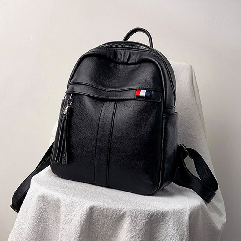 TASSEL DETAILED LEATHER BLACK BACKPACK