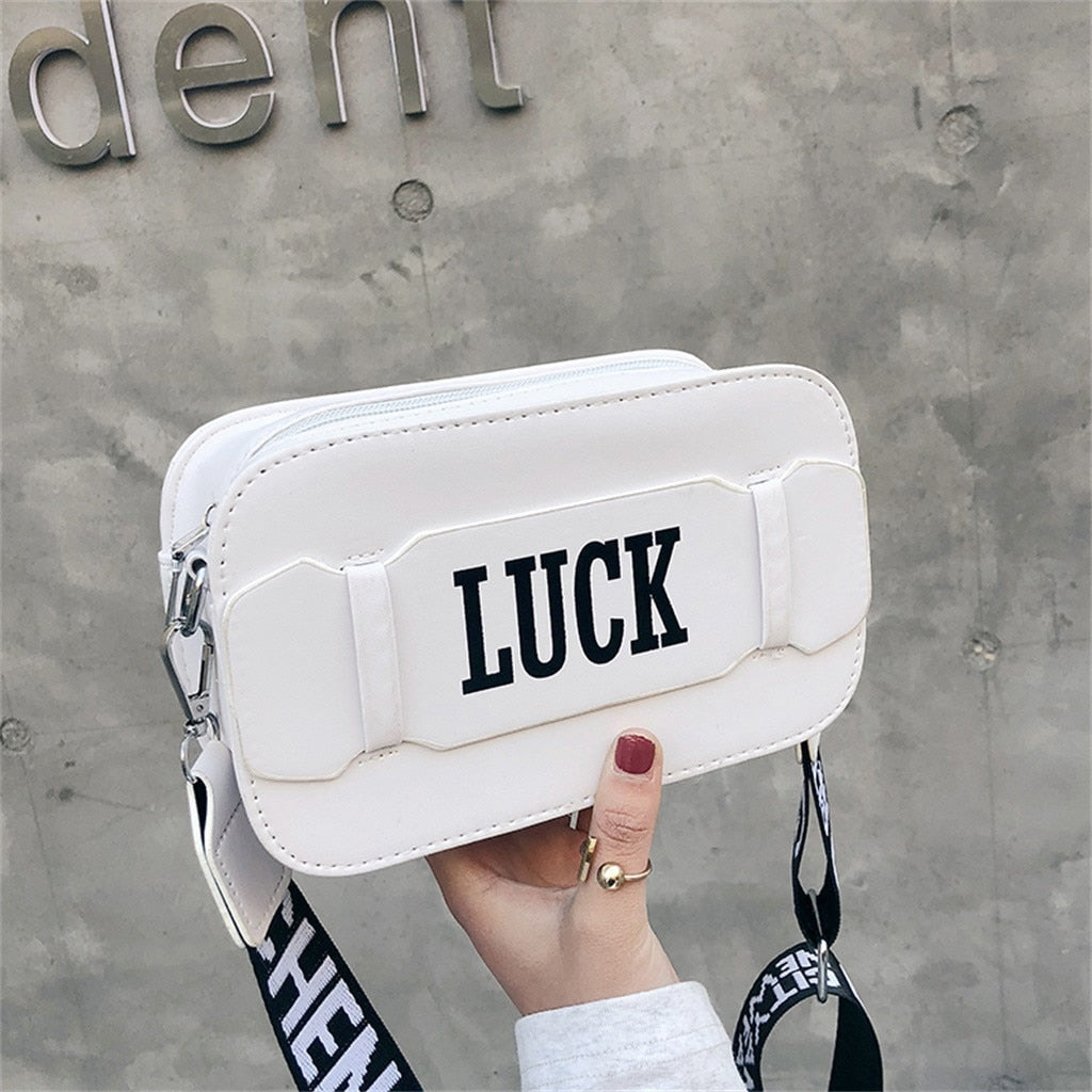 "LUCK" PRINTED WHITE SHOULDER BAG