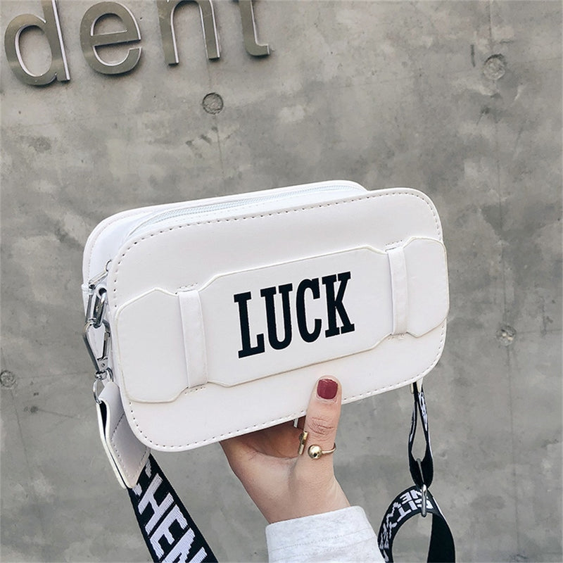 "LUCK" PRINTED WHITE SHOULDER BAG