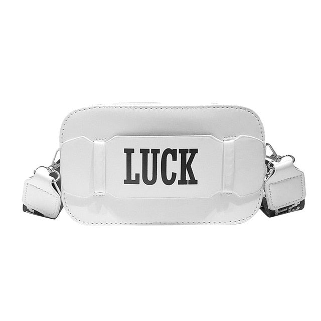 "LUCK" PRINTED WHITE SHOULDER BAG