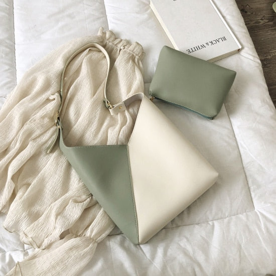 CREAM AND GREEN PU LEATHER BAG