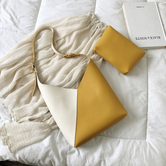 CREAM AND GREEN PU LEATHER BAG