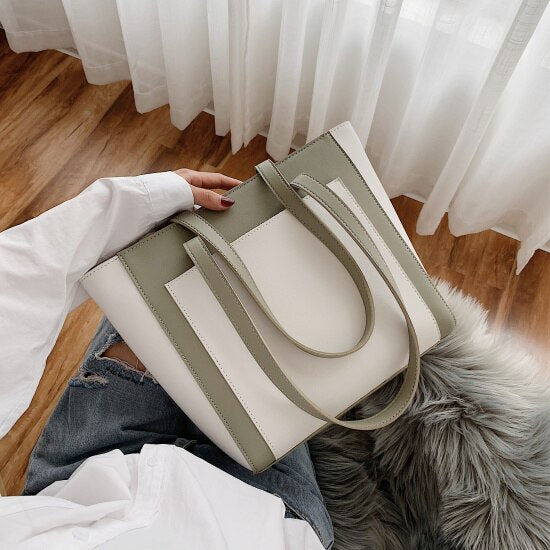 SOLID COLOR PU LEATHER BIG CAPACITY BAG