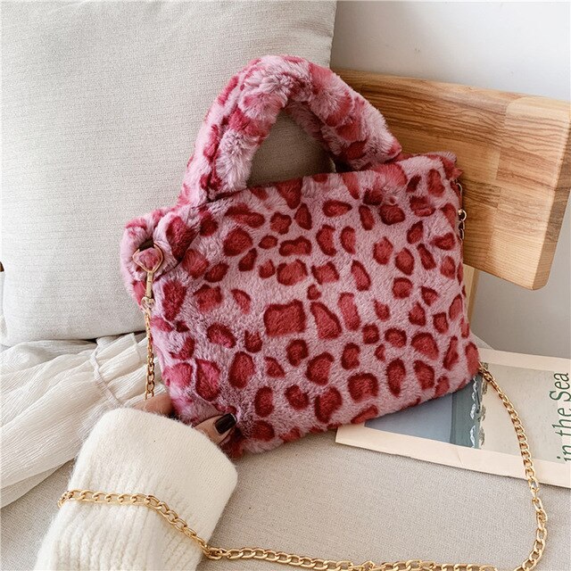 FLUFFY GREY LEOPARD PRINTED HANDBAG