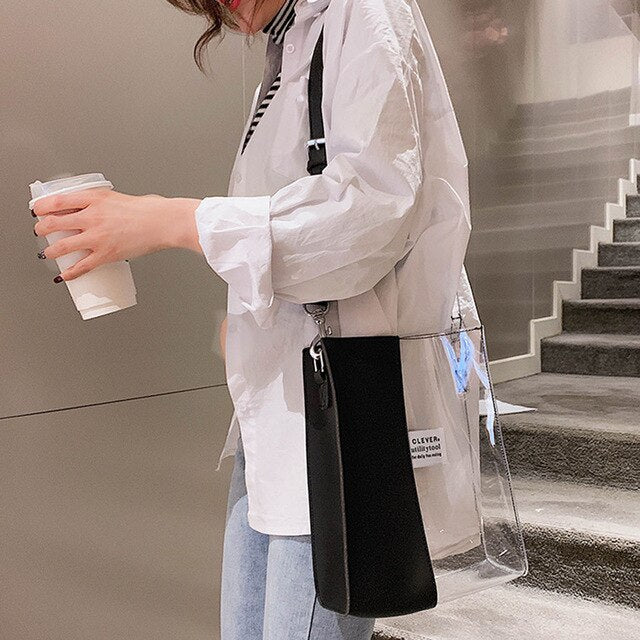 BLACK LEATHER DETAILED TRANSPARENT BAG