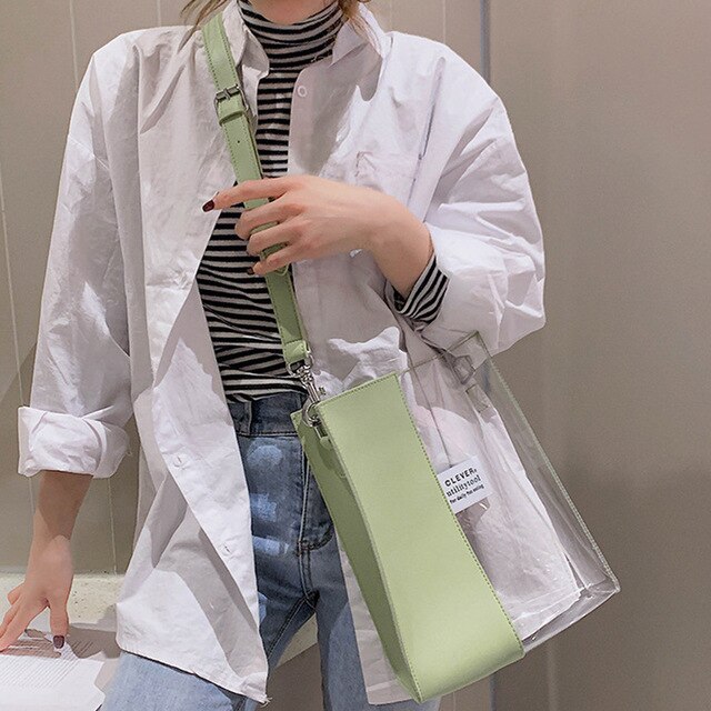 BLACK LEATHER DETAILED TRANSPARENT BAG