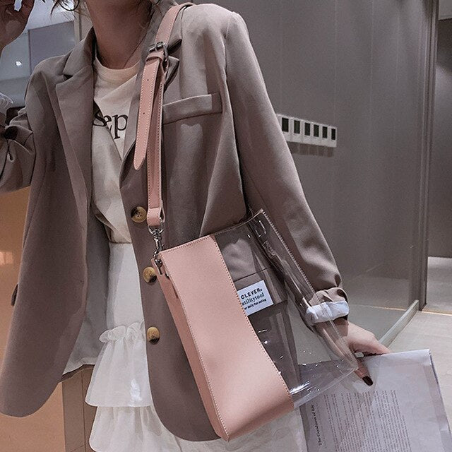 BLACK LEATHER DETAILED TRANSPARENT BAG