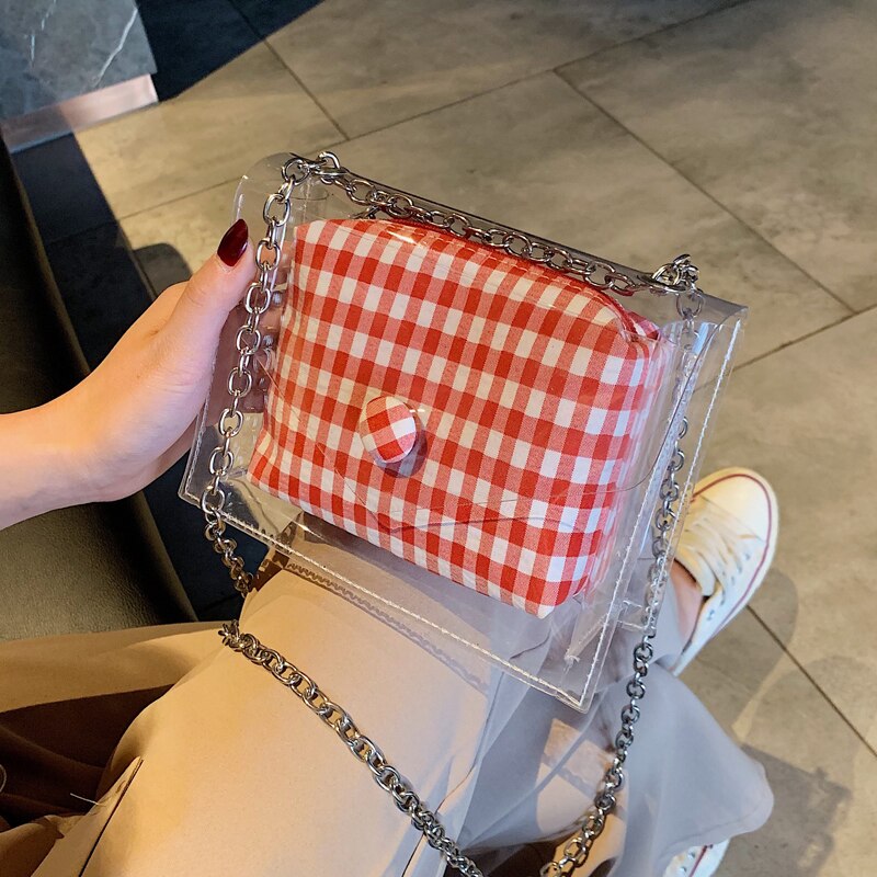 RED AND WHITE PLAID TRANSPARENT DETAILED BAG