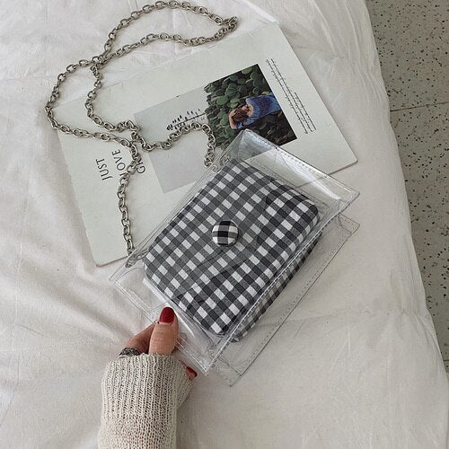 RED AND WHITE PLAID TRANSPARENT DETAILED BAG