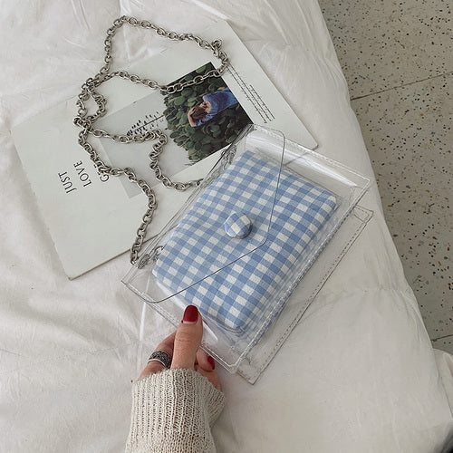 RED AND WHITE PLAID TRANSPARENT DETAILED BAG