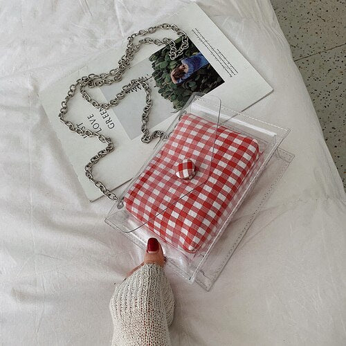RED AND WHITE PLAID TRANSPARENT DETAILED BAG