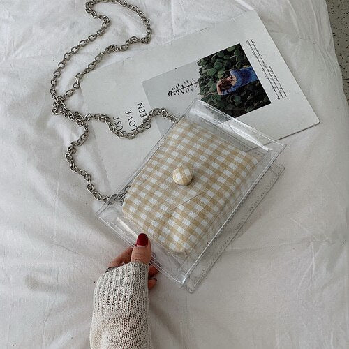 RED AND WHITE PLAID TRANSPARENT DETAILED BAG