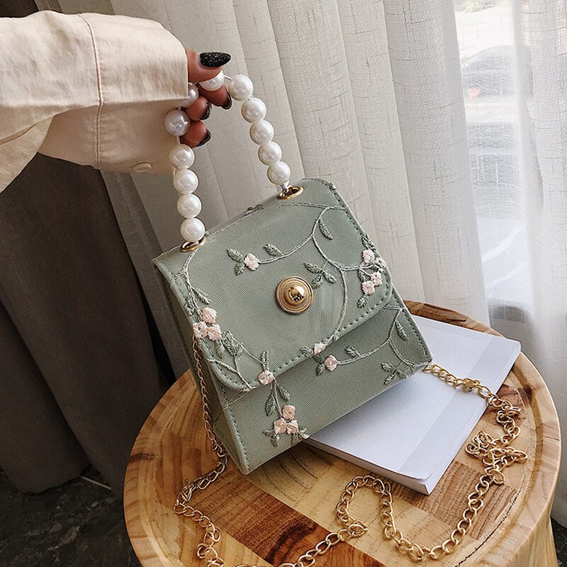 PEARL DETAILED FLORAL EMBROIDERY HANDBAG