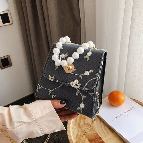 PEARL DETAILED FLORAL EMBROIDERY HANDBAG