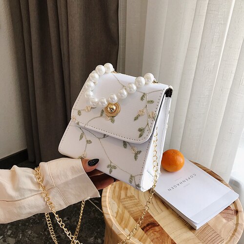 PEARL DETAILED FLORAL EMBROIDERY HANDBAG