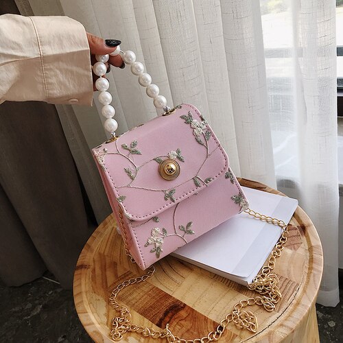 PEARL DETAILED FLORAL EMBROIDERY HANDBAG