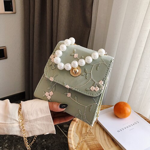PEARL DETAILED FLORAL EMBROIDERY HANDBAG