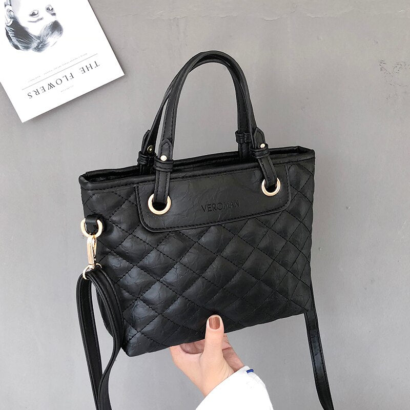 PLAID EMBOSSED DETAILED BLACK HANDBAG
