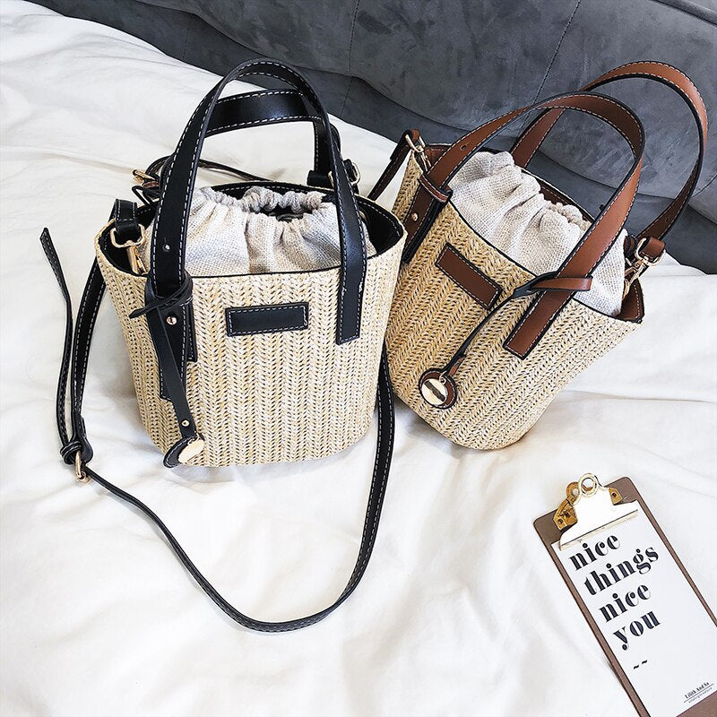 LEATHER DETAILED 2 COLOR STRAW BAG