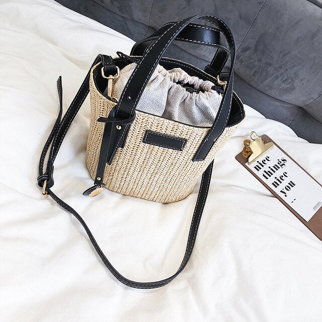LEATHER DETAILED 2 COLOR STRAW BAG
