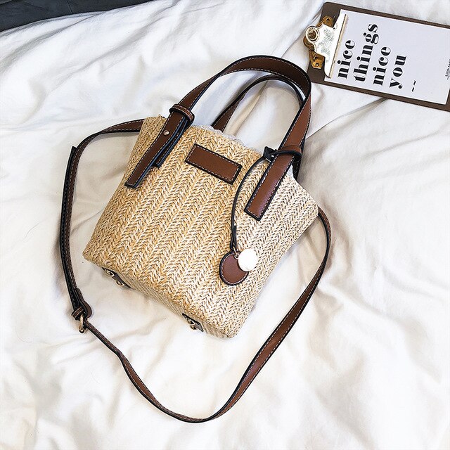 LEATHER DETAILED 2 COLOR STRAW BAG