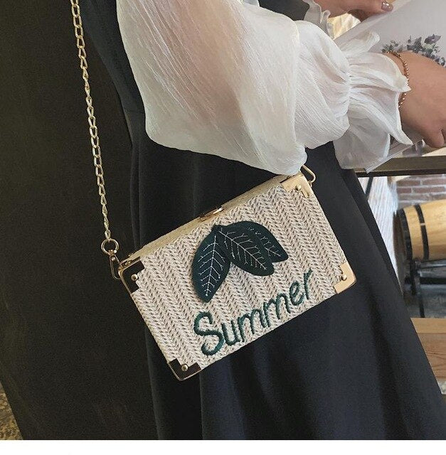 SUMMER LEAVES PRINTED STRAW BOX BAG