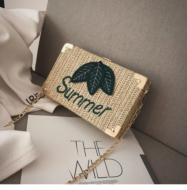 SUMMER LEAVES PRINTED STRAW BOX BAG