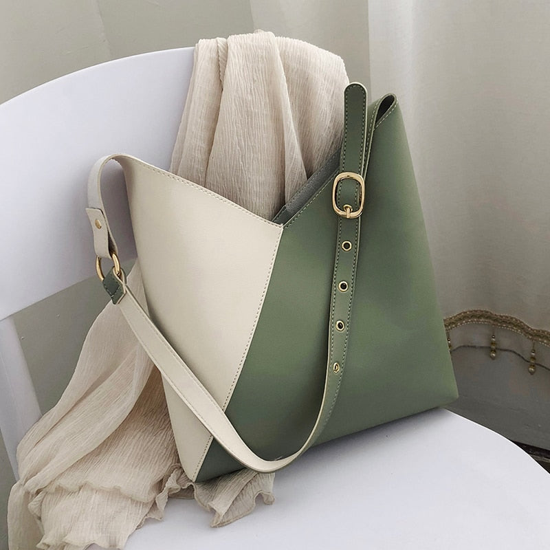 CREAM AND GREEN PU LEATHER BAG